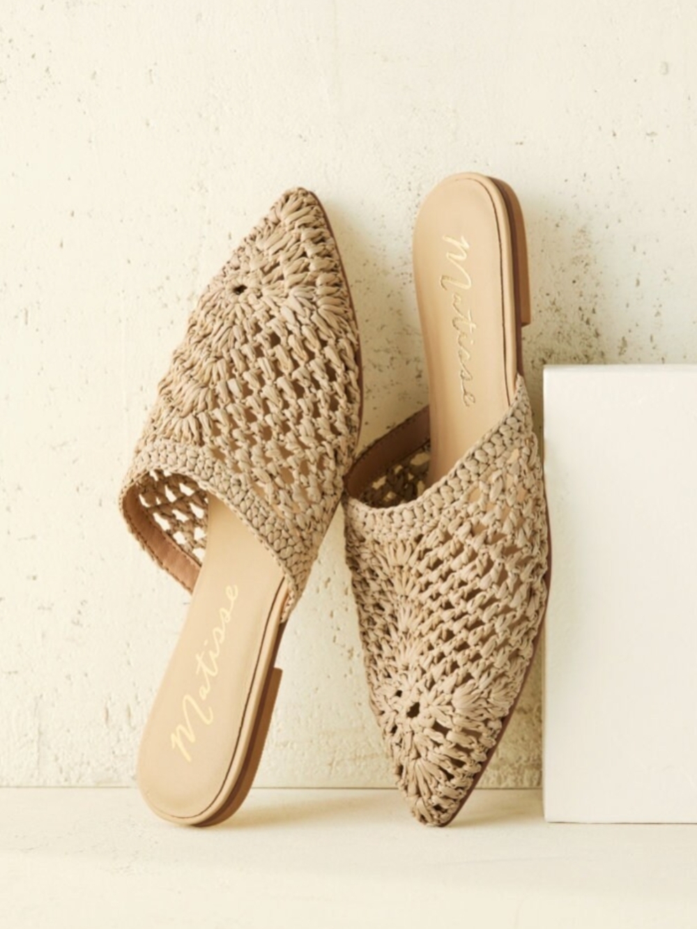 New! Matisse Sag Harbor Slides Crochet Raffia Macrame Pointed Mule Sandals